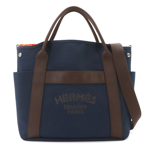 Hermes Sac De Pansage 新郎 2 路手提包單肩手提包帆布海軍藍 D 印章