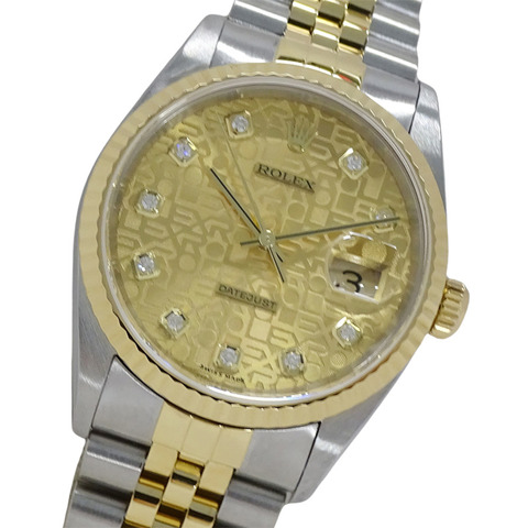勞力士 Datejust 16233G（Y 序號）男士腕錶，品牌名稱，10 顆鑽石，電腦自動機芯，不銹鋼 (SS) 和黃金 (YG) 組合。
