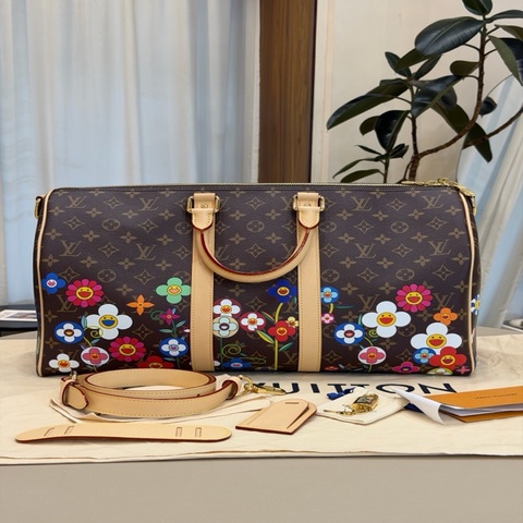 LV 路易威登 keepall45旅行袋手提包單肩包 太陽花 村上隆聯名 芯片款