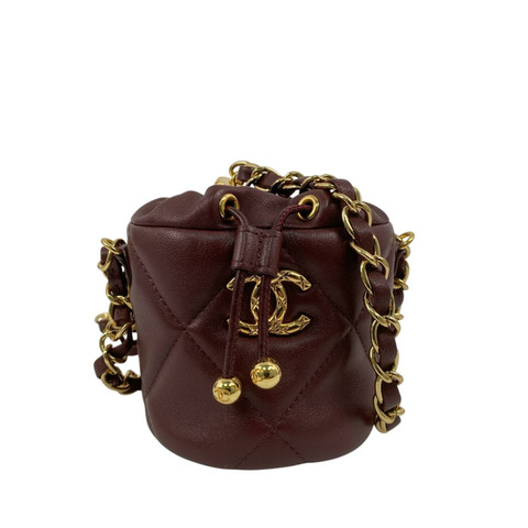 △ CHANEL 香奈兒 Wine Red Lambskin Gold Tone Metal Mini Bucket No.31 Chain Shoulder Bag 酒紅色小羊皮金色金屬No.31鎖鏈肩背包-267017940