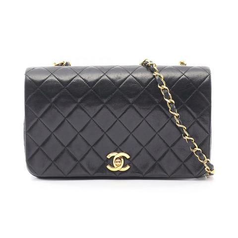 香奈兒 (CHANEL) 絎縫全翻蓋肩鏈包，羊皮材質，黑色，二手，金色五金，CC