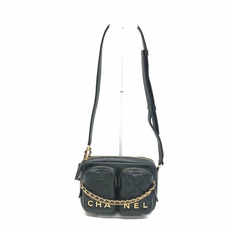 Chanel 黑金 雙口袋 相機 晶片 22C 肩背包