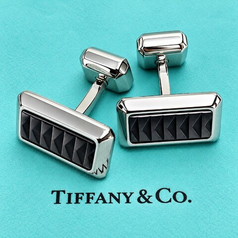 TIFFANY & CO. Paloma Picasso Vintage Steel Titanium 黑色幾何袖扣｜原廠收納袋