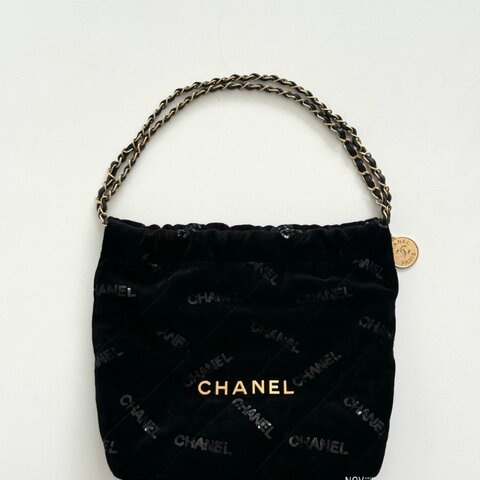 99新🆕 Chanel 香奈兒 22Bag 小號 22B黑色金釦絲絨亮片