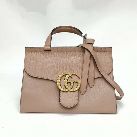 Gucci古馳 GGMarmont郵差包外縫線大號棕色牛皮革金扣肩背包