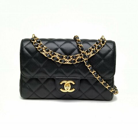 Chanel香奈兒 黑色荔枝牛皮晶片金扣25k雙鏈條手提方胖子肩背包