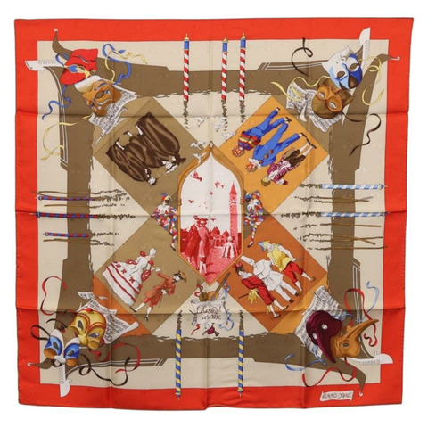 HERMES Carre 90 絲巾「LE CARNAVAL DE VENISE」紅色正品 ki6857