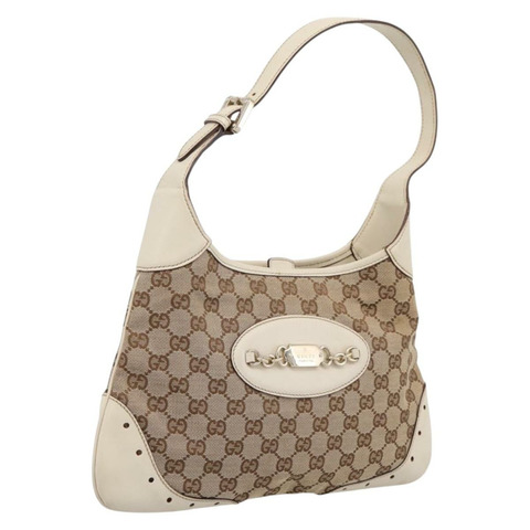 GUCCI GG帆布肩背包 皮革 米色 金色 145778 正品 204438A