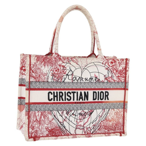 Christian Dior Book Tote帆佈白紅款 Auth ka6183V