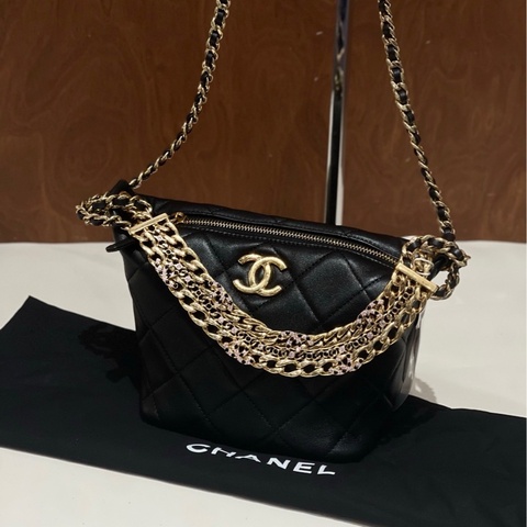 Chanel 香奈兒24C菱格紋粉鑽雙C鏈條hobo飯盒