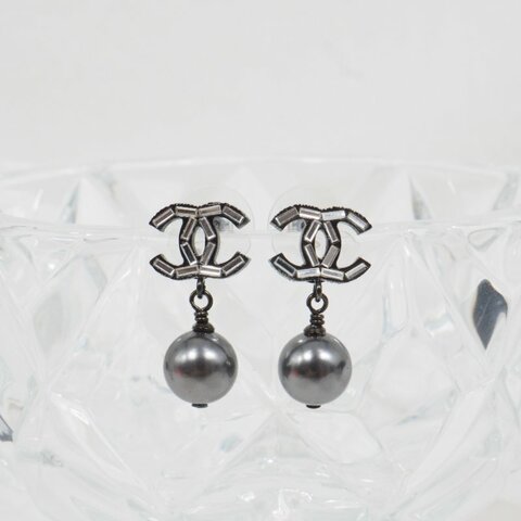 CHANEL B10S 槍黑色logo珍珠耳針耳環