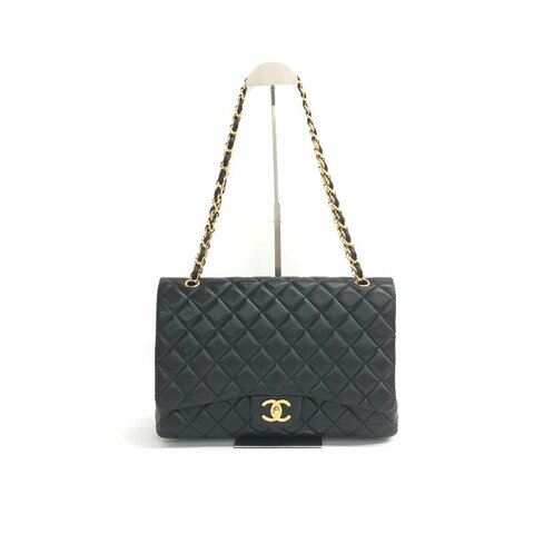 Chanel 黑金 cf maxi 15開 雙蓋 羊皮 肩背包