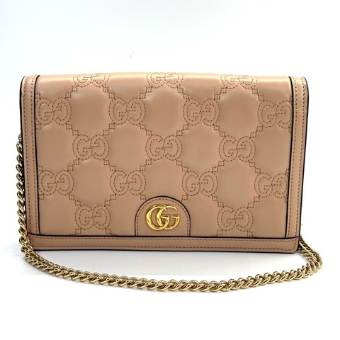 GUCCI 古馳 粉色GG皮革壓紋鏈條斜背包 723787