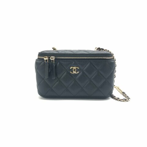 Chanel 22P 黑金 雙c鏈條 長盒子 化妝盒 31開 荔枝牛 肩背包
