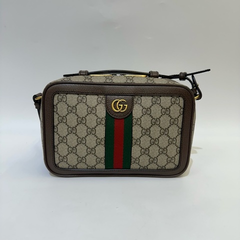 Gucci PVC咖牛皮霧金GGㄇ拉Ophidia手提肩斜背包