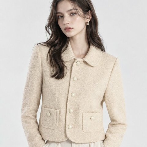 38號 ::CELINE:: 米白色毛呢白色圓釦短版 羊絨混紡粗花呢外套 Knitworm Tweed