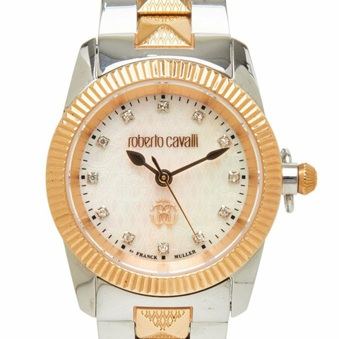Roberto Cavalli x Franck Muller 聯名腕錶，珍珠母貝錶盤，RV2L036M0111，石英機芯，白色不鏽鋼錶殼，鑽石錶冠，玫瑰金錶殼，藍寶石水晶鏡，女錶。