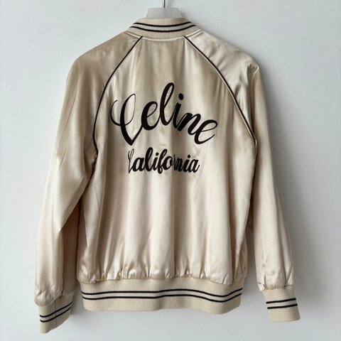 36號 ::CELINE:: 象牙白米色絲綢 棕色字母刺繡夾克外套 飛行外套