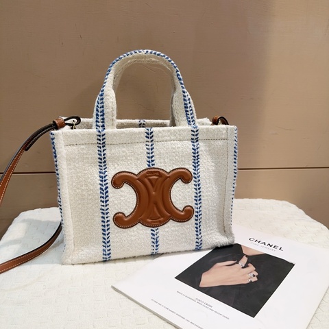 Celine 白拼藍條紋毛呢手提肩背托特包