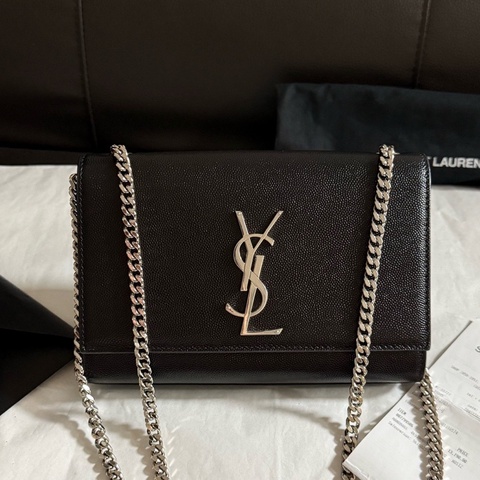 YSL聖羅蘭 黑色銀扣黑銀顆粒紋牛皮Kate單肩斜挎包尺寸：長19*5*13