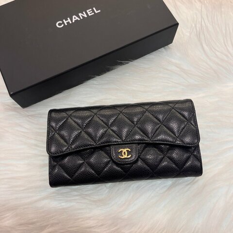 CHANEL 牛皮金釦釦式長夾黑色