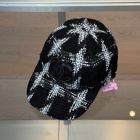 Chanel/香奈兒 雙C皮紋Logo黑白粗花呢鴨舌帽 尺碼/S