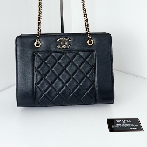【近新閒置品】Chanel香奈兒 黑金琺瑯雙C tote 稀有小號托特包鏈條包