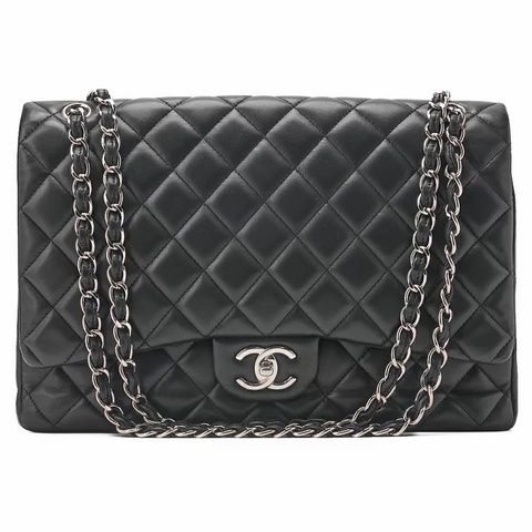 「JL精品代購」9新 Chanel黑銀羊皮maxi