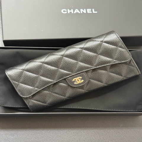 Chanel 黑色荔枝牛皮 金釦 經典長夾
