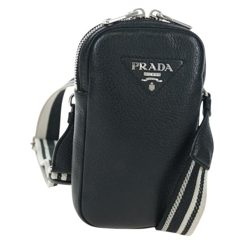 PRADA Vittero Dino 皮革黑色銀色單肩包 Auth 202911V