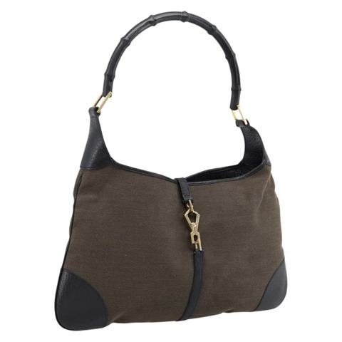 GUCCI 竹節 Jackie 肩背包 帆布 棕色 金色 001 4061 正品 203473V