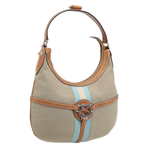 GUCCI 互扣式肩背包 帆布 米色 銀色 114869 正品 204577V