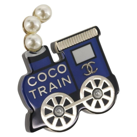 香奈兒 Coco Train 金屬藍金雙C胸針 Auth 205865M