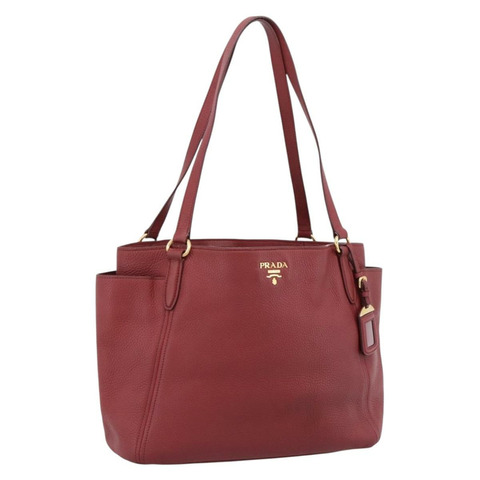 PRADA 托特包 Vittero Dino 皮革 紅色金色 Auth 203615A