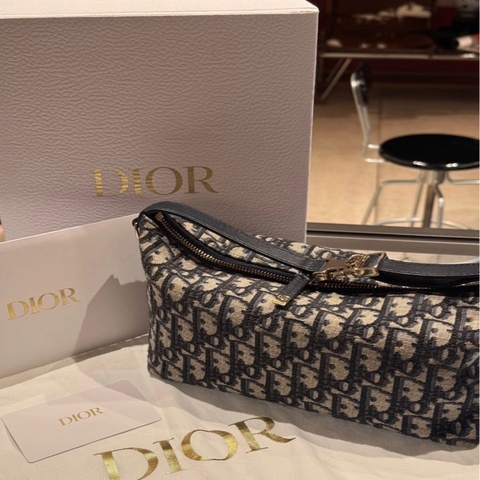 DIOR迪奧 Travel Nomad Oblique老花棉拼羊皮革手拿包 中號 女款 藍色S5554OTZQ-M928