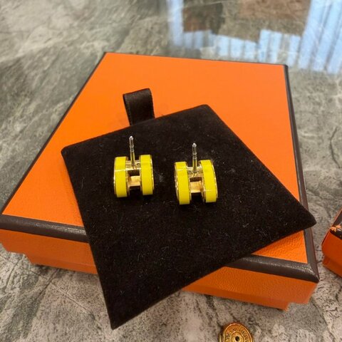 HERMES POP 立體H字母LOGO橢圓造型簍空設計招財黃穿式耳環