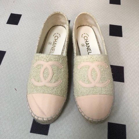 香奈兒 Chanel 粉色雙C漁夫鞋 粉皮絨面料鞋37碼