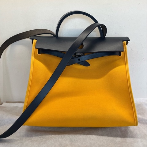 Hermes 愛馬仕 herbage31 發財黃 藍內里拼色帆布拼黑色牛皮 （朝）