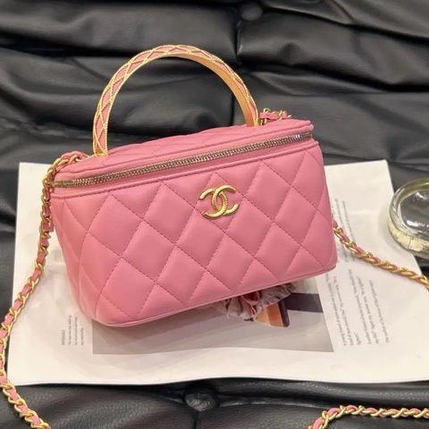 Chanel 香奈兒 23A 粉色 羊皮 手柄 長盒子 化妝包