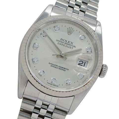 勞力士 Datejust 16234G W 字頭男士腕錶，品牌名稱，10 顆鑽石，自動上鍊機芯，不銹鋼 (SS)，白金 (WG)，銀色