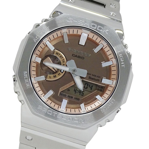 卡西歐 G-SHOCK 全金屬 2100 系列 GM-B2100AD-5AJF 男士手錶，品牌名稱，太陽能動力，不銹鋼 (SS)，銀/粉紅色調