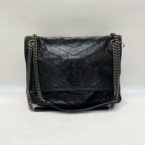 YSL聖羅蘭新款D扣NIKI大号黑銀油蠟皮流浪單肩斜挎鏈條包32×13×24