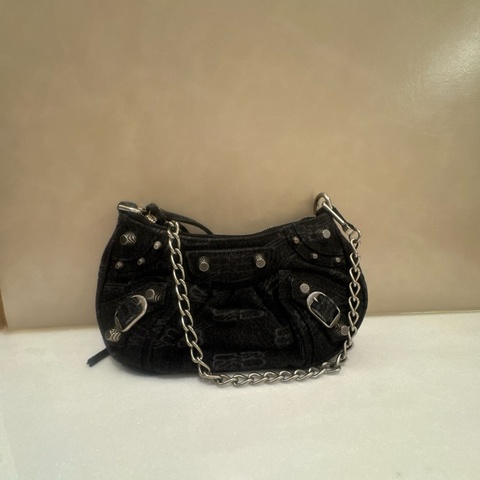 Balenciaga Le Cagole Mini機車包 黑色老花牛仔