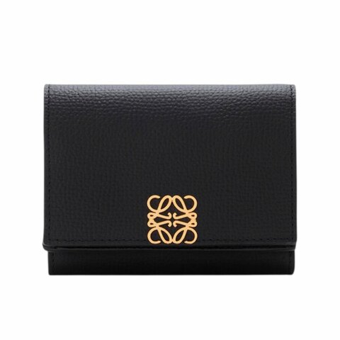 【LOEWE 羅威】Trifold Anagram 鵝卵石紋小牛皮 三褶 零錢包 皮夾 中夾 短夾 黑色 金色