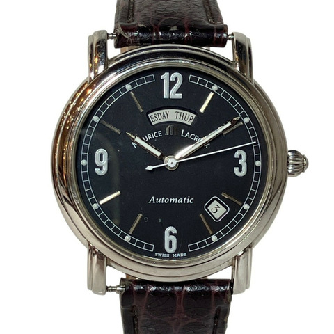 Maurice Lacroix Pontos Day-Date腕錶，總重47.8克，不鏽鋼錶殼，皮革錶帶，自動上鍊機芯，黑色錶盤，09777