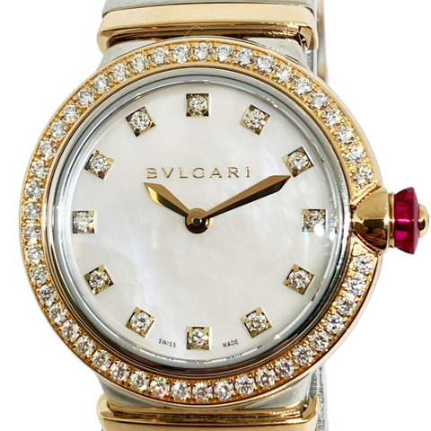 寶格麗 (Bulgari) Lucea Tubogas 雙色 12 鑽腕錶，總重 88.9 克，不鏽鋼材質，石英機芯，白色錶盤
