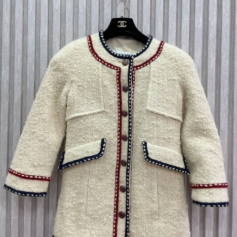 香奈兒 Chanel 2018A 漢堡系列 紅藍邊白色粗花呢外套 34碼