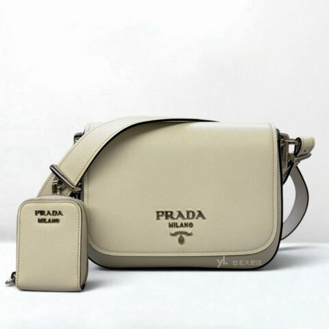 A13533-PRADA 白色防刮牛皮銀釦下蓋肩背包 1BD283