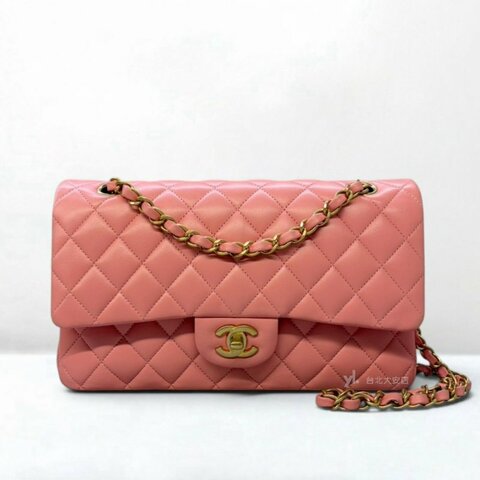 A13531-CHANEL 粉紅色菱格羊皮復古金釦下蓋包 A01113