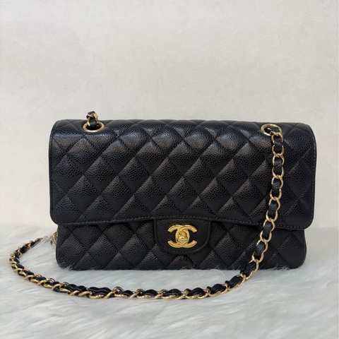 CHANEL A01112 黑色菱格紋荔枝皮金鍊 CF25｜斜背包 肩背包 口蓋包